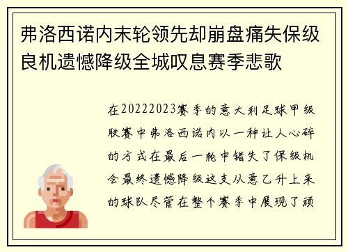 弗洛西诺内末轮领先却崩盘痛失保级良机遗憾降级全城叹息赛季悲歌 弗洛西诺内末轮领先却崩盘痛失保级良机遗憾降级全城叹息赛季悲歌