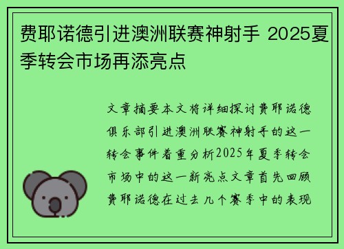 费耶诺德引进澳洲联赛神射手 2025夏季转会市场再添亮点 费耶诺德引进澳洲联赛神射手 2025夏季转会市场再添亮点